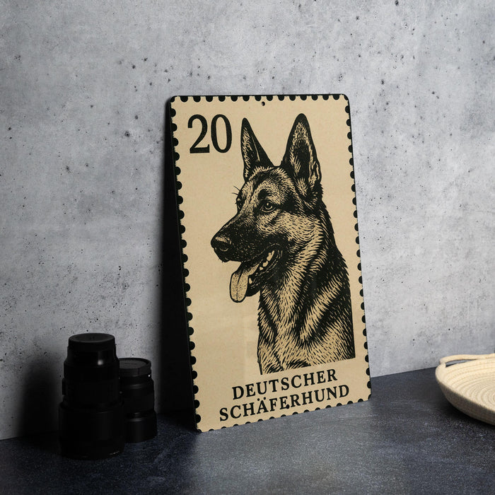 German Shepherd Dog Metal Sign – Vintage Stamp Style Wall Art, Rustic Decor for Home, Farmhouse, Man Cave
