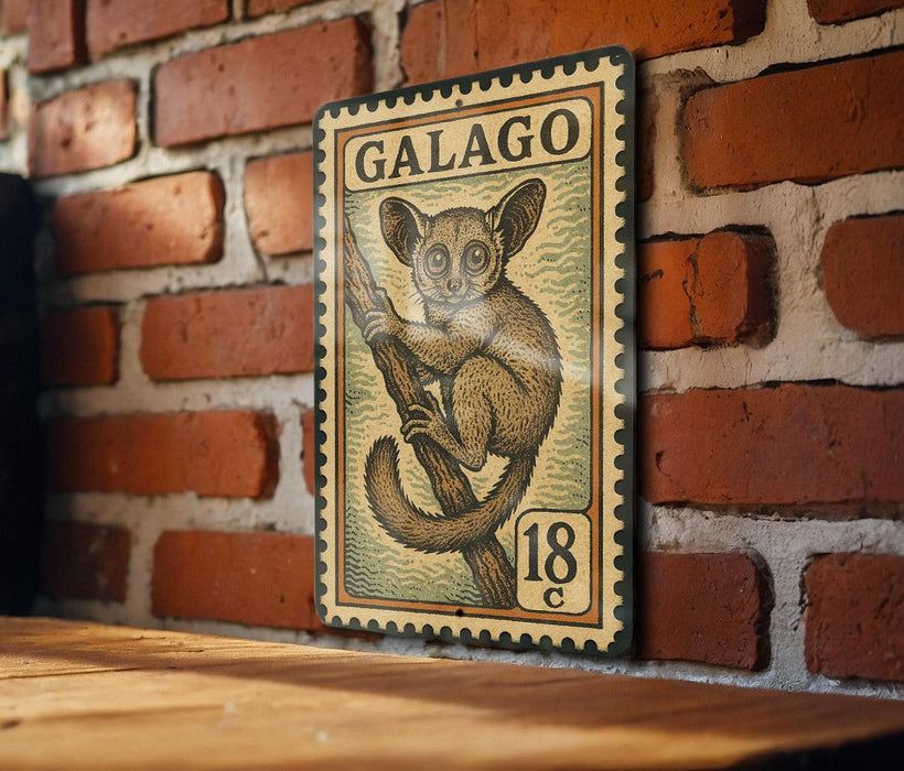 A vintage postage stamp featuring a cartoon illustration of a small animal, likely a koala, is displayed on a brick wall.