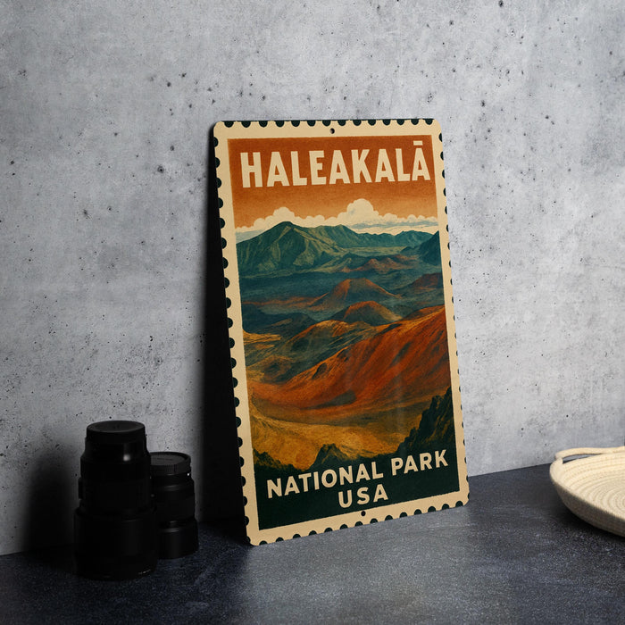 A vintage-style metal sign for Haleakala National Park in the USA, featuring a mountain landscape with a cloudy sky.