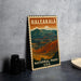 A vintage-style metal sign for Haleakala National Park in the USA, featuring a mountain landscape with a cloudy sky.