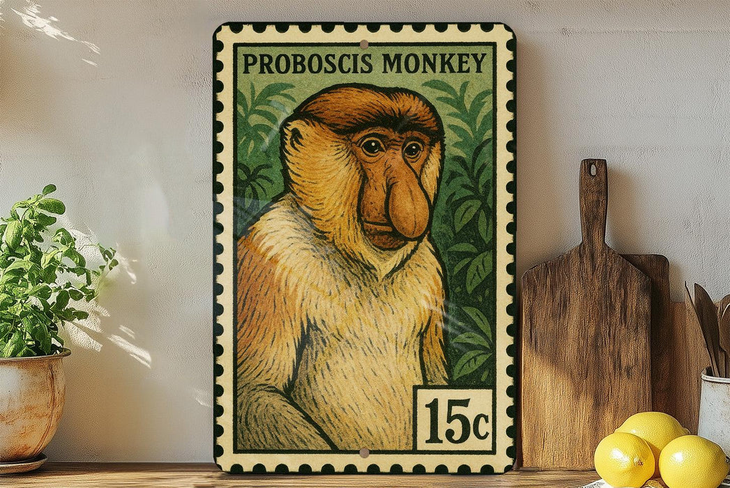 A metal stamp featuring a monkey's face, with a price of 15 cents, is displayed on a shelf next to a wooden cutting board and some lemons.