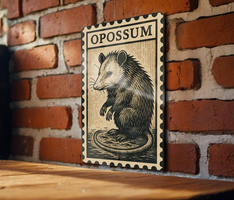 a wooden table with a framed illustration of an opossum on it, mounted on a brick wall.