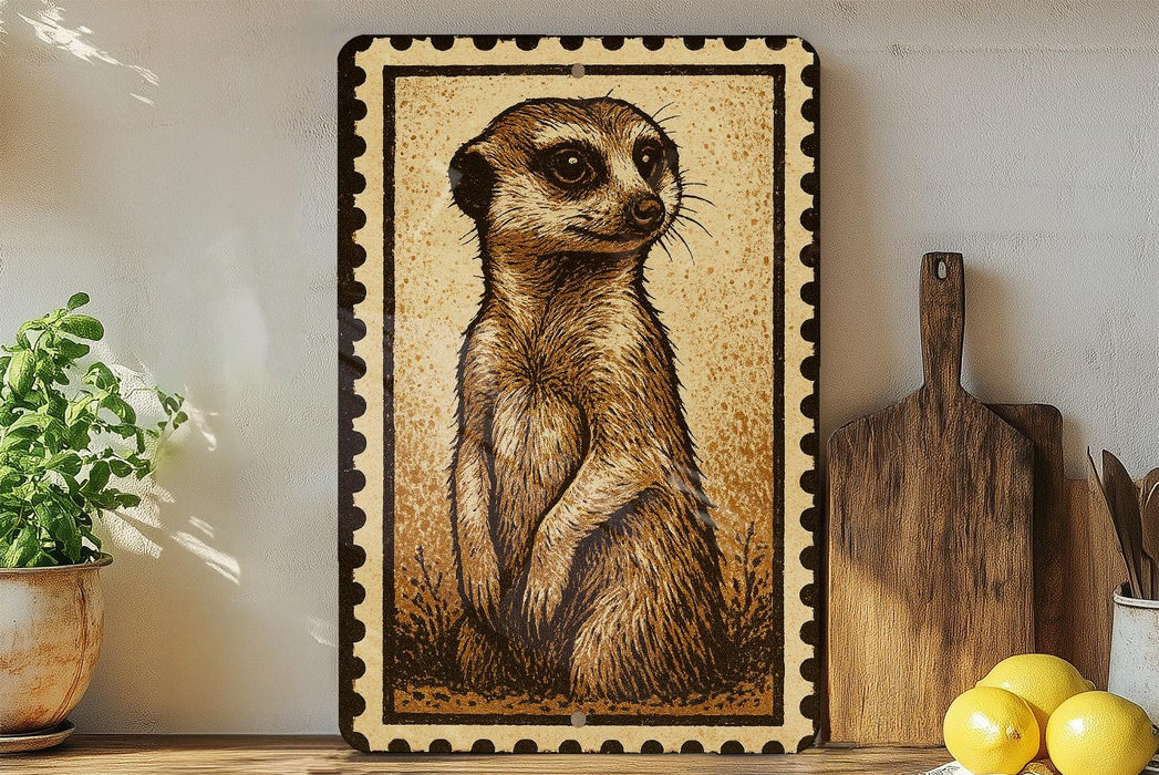 a framed illustration of a meerkat, a small burrowing mammal, on a shelf next to a wooden cutting board and a potted plant.