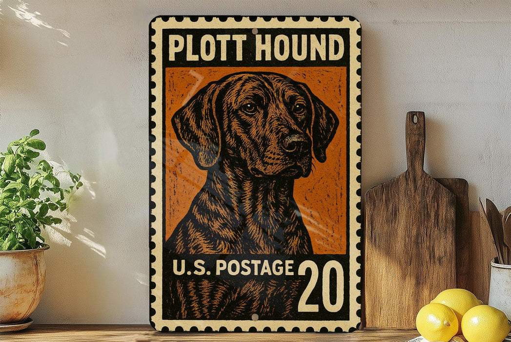 A vintage-style stamp featuring a hound dog, with the text "PLOTT HOUND" and "U.S. POSTAGE 20" printed on it. The stamp is displayed on a shelf next to a wooden cutting board and a potted plant.