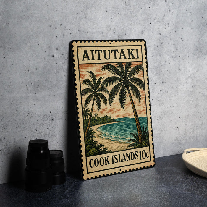 A vintage-style metal sign with a tropical beach scene and palm trees, featuring the text "AITUTAKI" and "COOK ISLANDS 10c".