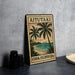 A vintage-style metal sign with a tropical beach scene and palm trees, featuring the text "AITUTAKI" and "COOK ISLANDS 10c".