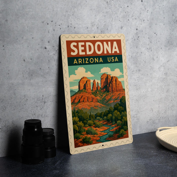 A vintage-style metal sign with the text "SEDONA ARIZONA USA" and an illustration of the iconic rock formations of Sedona, Arizona.