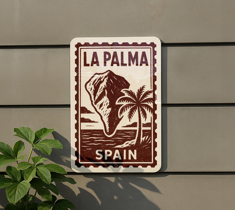 a sign that reads "LA PALMA" and "SPAIN", with a palm tree and a mountain in the background.