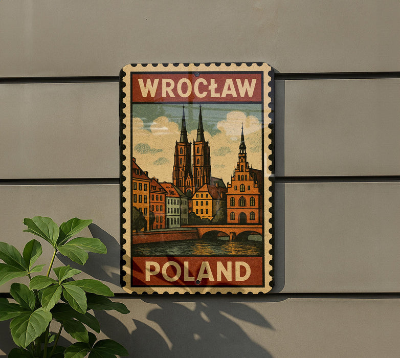 A vintage-style metal sign with a colorful illustration of a cityscape and the text "Wrocław Poland" displayed on a gray wall.