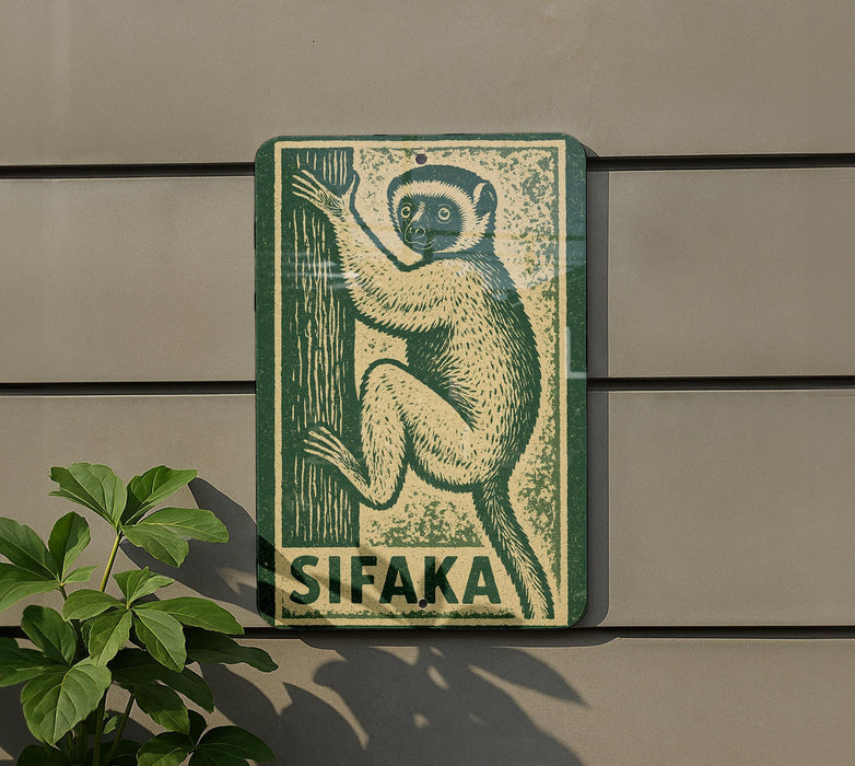 a sign with a monkey illustration on it, mounted on a wall.