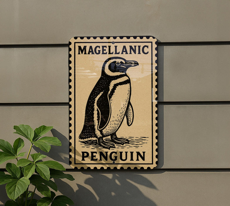 a penguin on a sign with the word "PENGUIN" written below it.