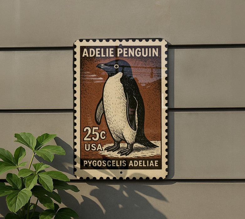 A postage stamp featuring an illustration of a penguin, with the text "Adelie Penguin" and "25c USA" printed on it.