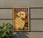 a large, detailed illustration of a golden retriever dog on a wooden frame, mounted on a wall.