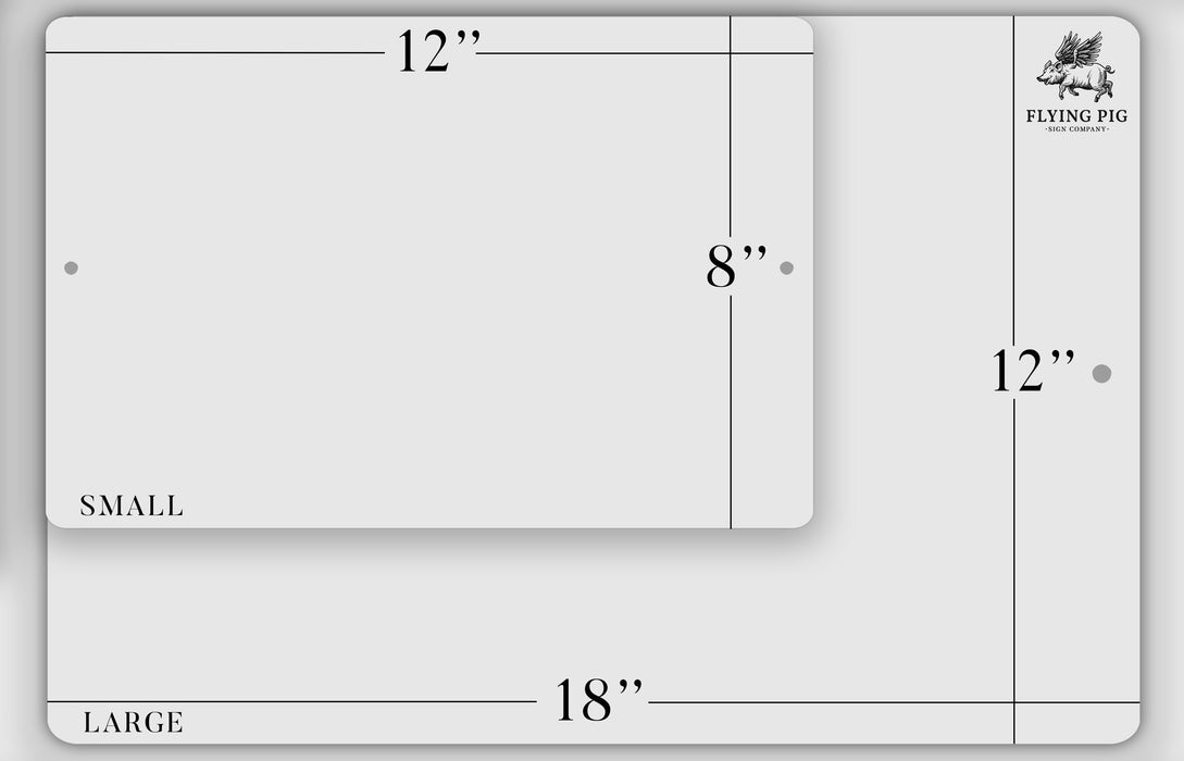 three different sizes of a white rectangular sign, labeled as small, medium, and large.