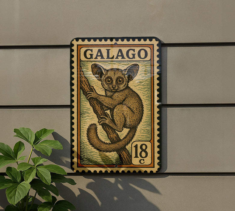 A postage stamp featuring a cartoon image of a lemur or primate, with the word "GALAGO" printed on it.