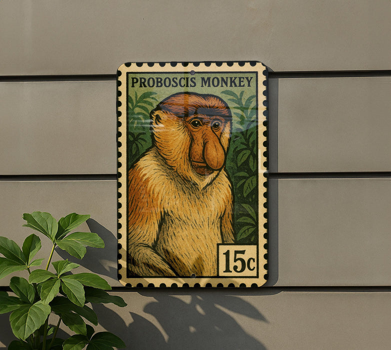 A stamp-like sign featuring a close-up of a proboscis monkey, with the text "PROBOSCIIS MONKEY" and a value of 15 cents.