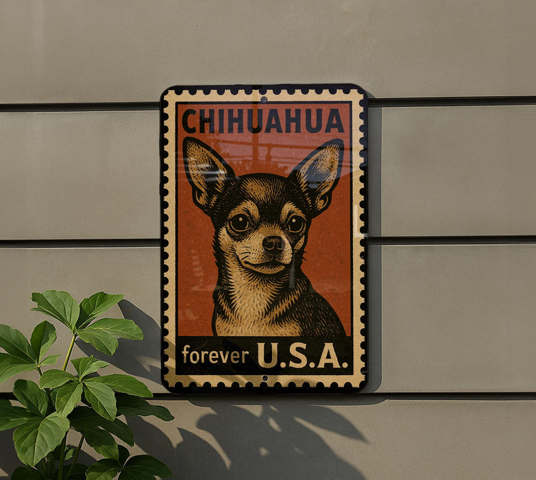 A vintage-style Chihuahua dog poster is displayed on a wall, featuring the text "CHIHUAHUA forever U.S.A."