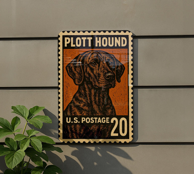 A vintage-style postage stamp featuring a hound dog, mounted on a wall next to a plant.