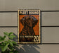 A vintage-style postage stamp featuring a hound dog, mounted on a wall next to a plant.