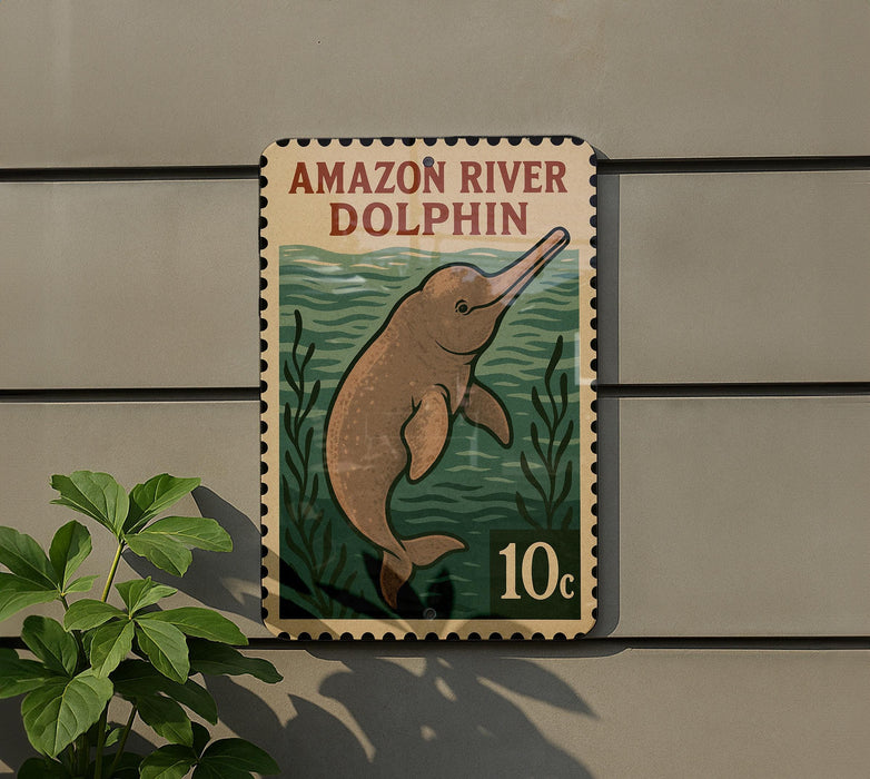 A vintage-style stamp depicting an Amazon River dolphin, with the text "AMAZON RIVER DOLPHIN" and a value of 10 cents.