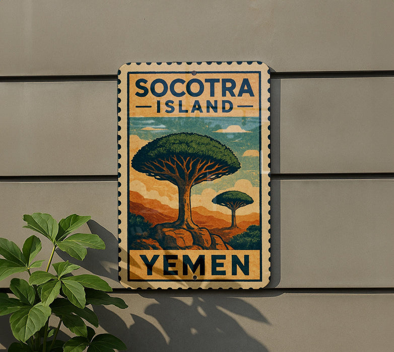 a vintage-style sign for Socotra Island, Yemen, with a tree illustration and the text "Yemen" below it.