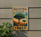 a vintage-style sign for Socotra Island, Yemen, with a tree illustration and the text "Yemen" below it.