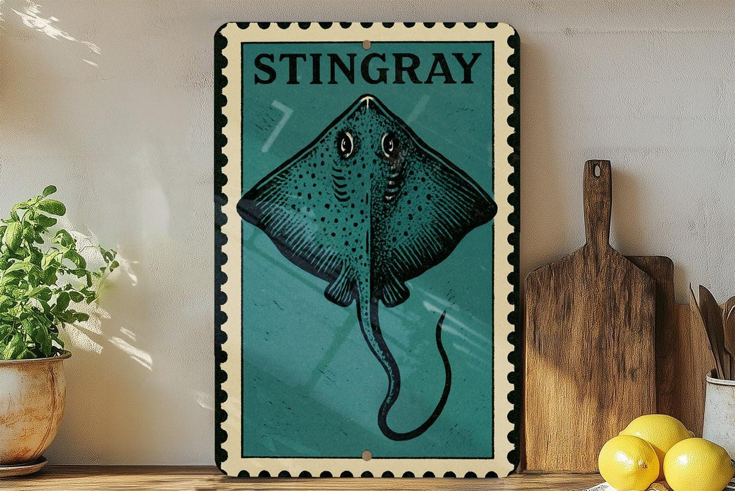 A framed illustration of a stingray is displayed on a shelf, accompanied by a wooden cutting board, a potted plant, and some lemons.
