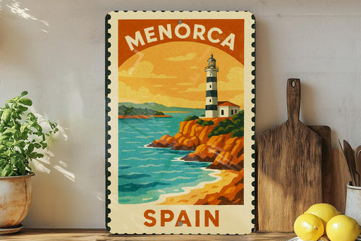 A vintage-style metal stamp depicting a lighthouse and a coastal landscape, with the text "MENORCA SPAIN" on it, is displayed on a shelf next to a potted plant and a wooden cutting board.