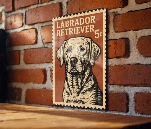 A vintage-style metal sign featuring a Labrador Retriever dog, mounted on a brick wall.
