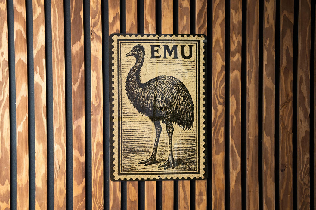 a large emu, a type of large flightless bird, depicted in a vintage-style stamp-like design.