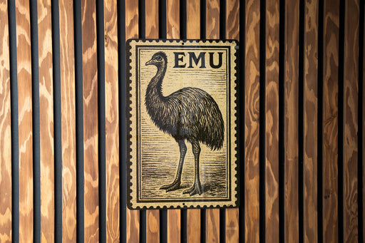 a large emu, a type of large flightless bird, depicted in a vintage-style stamp-like design.