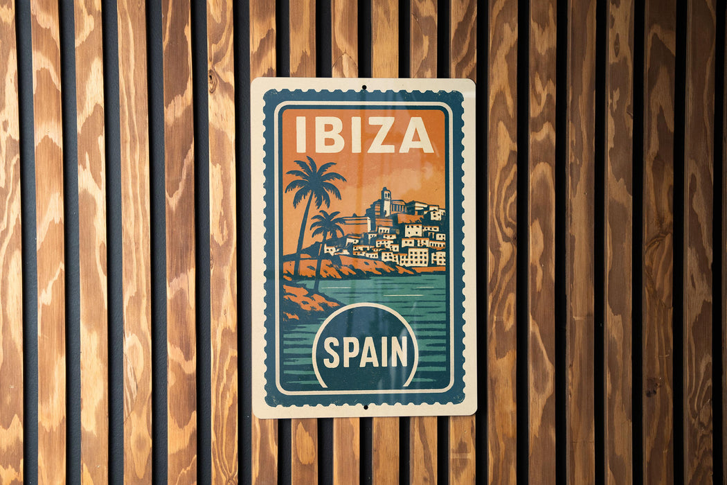 A vintage-style travel poster for Ibiza, Spain, featuring a tropical beach scene with palm trees and buildings.
