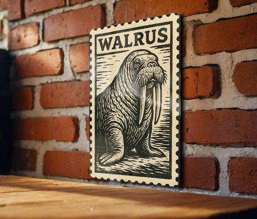 A wooden table with a framed illustration of a walrus on it, mounted on a brick wall.