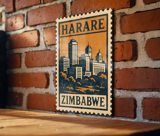 A vintage-style stamp or sign with the text "HARARE ZIMBABWE" displayed on a brick wall.