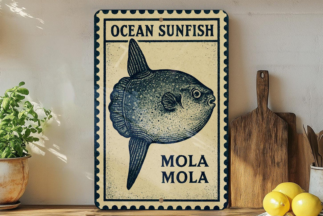 a framed illustration of an ocean sunfish, with the text "OCEAN SUNFISH MOLA MOLA" below the illustration.