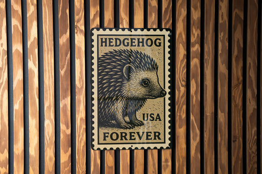 A metal stamp with a hedgehog image and the text "HEDGEHOG USA FOREVER" is displayed on a wooden wall.