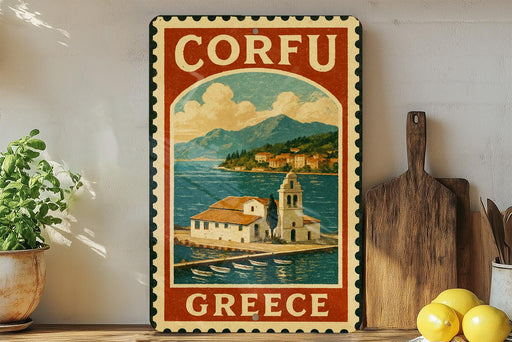 a vintage-style metal sign with a painting of a coastal town in Greece, surrounded by mountains and a church, placed on a shelf next to a wooden cutting board and some potted plants.