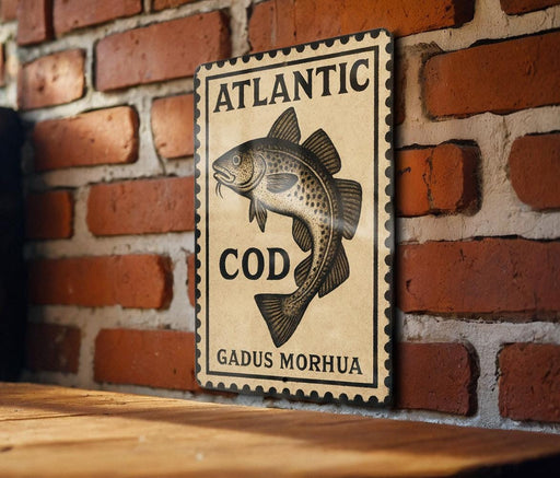 A sign with the text "ATLANTIC COD GADUS MORHUA" and an illustration of a fish is displayed on a brick wall.