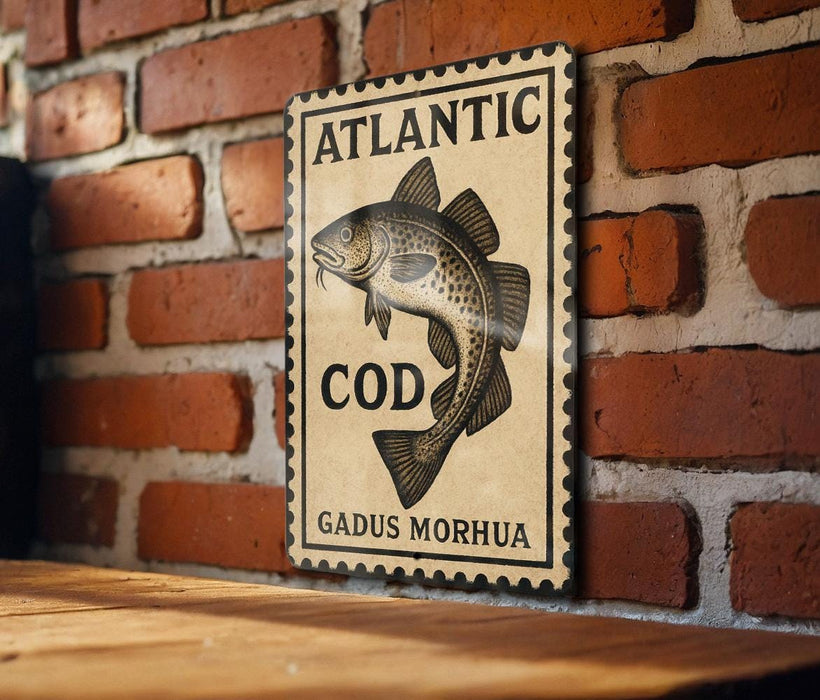 A sign with the text "ATLANTIC COD GADUS MORHUA" and an illustration of a fish is displayed on a brick wall.