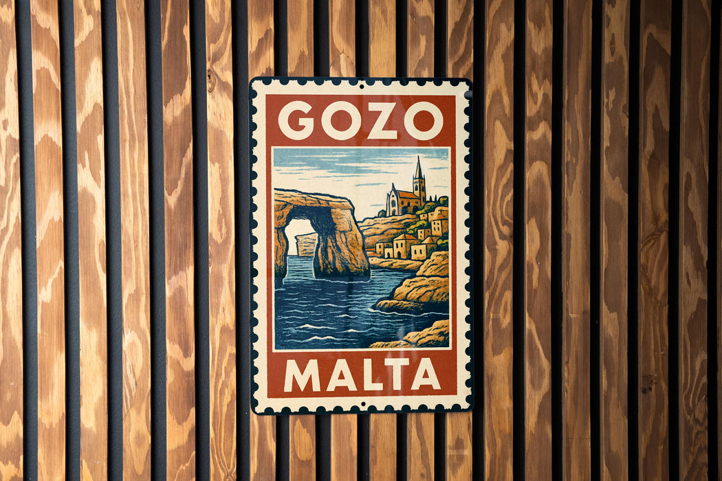 A vintage-style Malta postage stamp is displayed on a wooden wall.