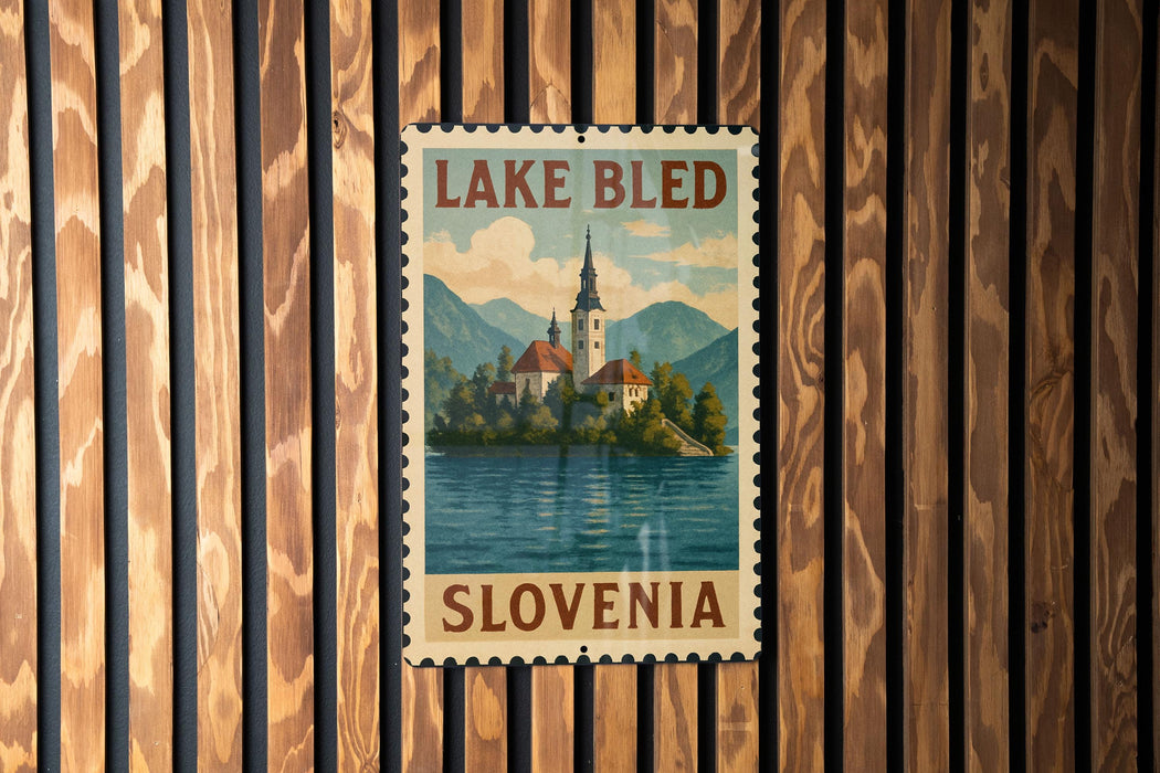 A vintage-style postage stamp depicting Lake Bled, a famous landmark in Slovenia, is displayed on a wooden wall.