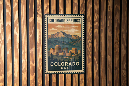 A vintage-style postage stamp from Colorado Springs, USA, featuring a mountain landscape and a cityscape.