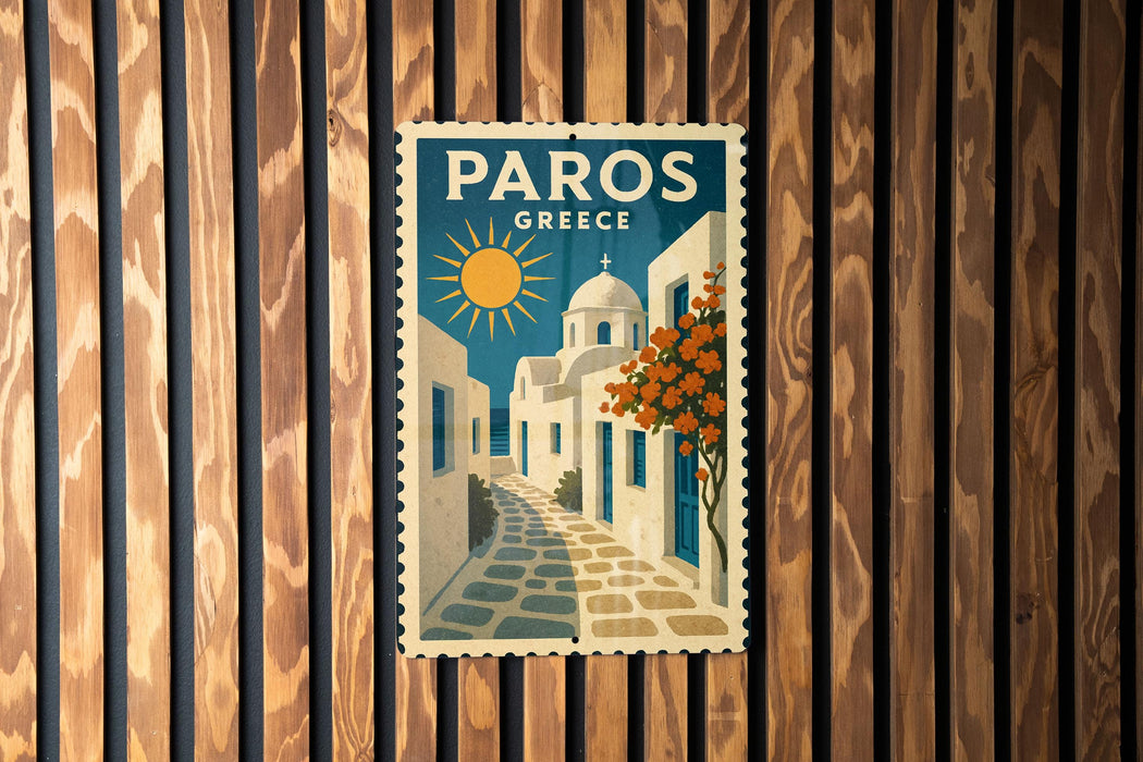 A vintage-style postage stamp depicting a Greek street scene with a church, sun, and orange flowers.