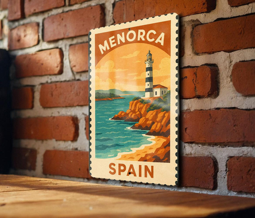 A vintage-style poster of a lighthouse on a cliff overlooking the sea, with the text "MENORCA SPAIN" displayed prominently.