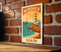 A vintage-style poster of a lighthouse on a cliff overlooking the sea, with the text "MENORCA SPAIN" displayed prominently.