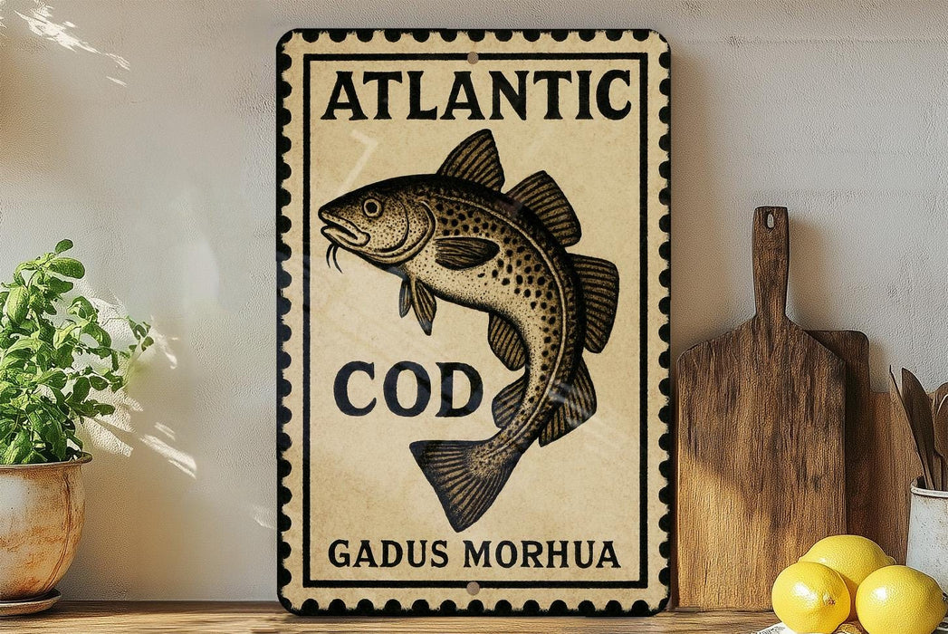 A decorative sign featuring a fish and the text "ATLANTIC COD GADUS MORHUA" is displayed on a wooden shelf next to a potted plant and a cutting board.