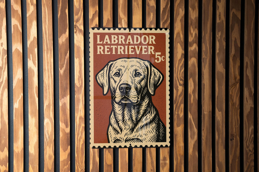 A Labrador Retriever dog is depicted on a postage stamp-like sign, which is mounted on a wooden wall.
