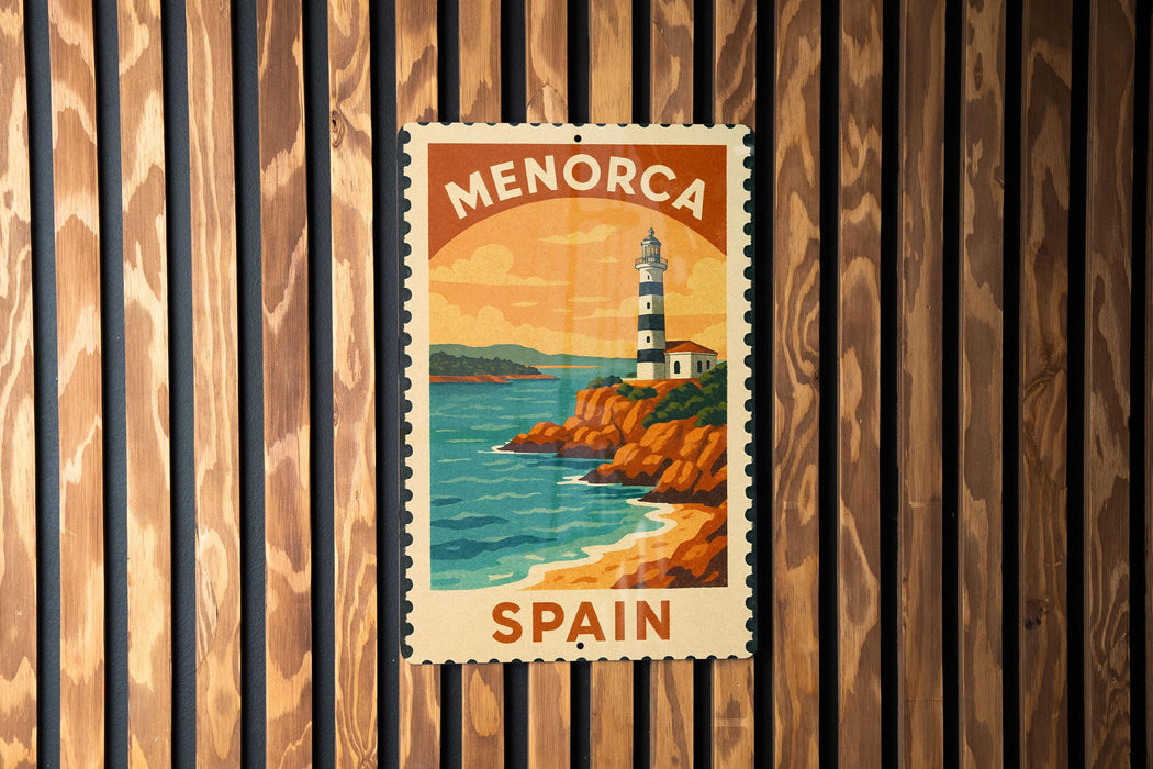 A vintage-style postage stamp from Spain depicting a lighthouse on a cliff overlooking the ocean.
