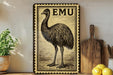 a large stamp-like sign with the word "EMU" on it, along with a wooden cutting board and some lemons in the background.