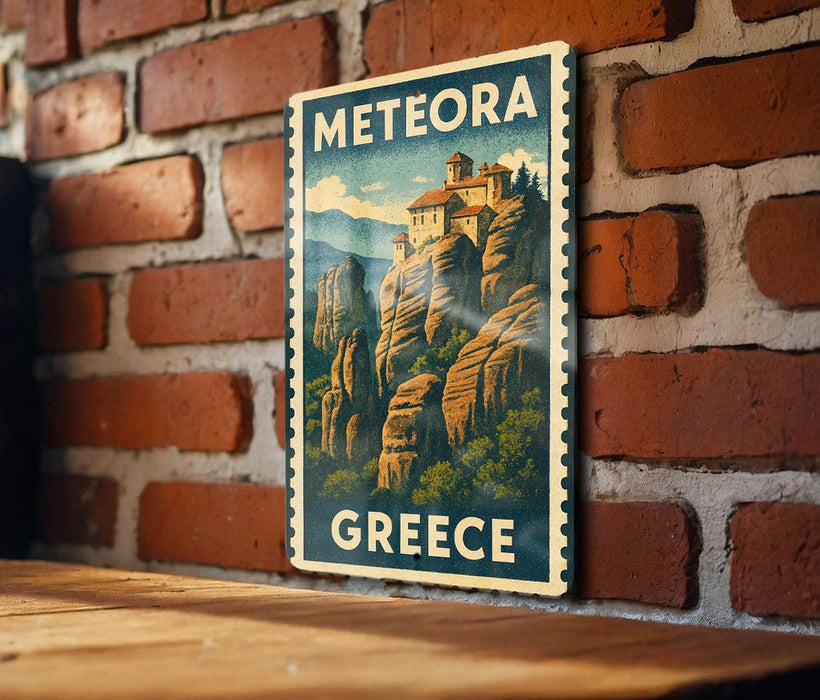 A vintage-style metal sign with the text "METEORA GREECE" is displayed on a brick wall.